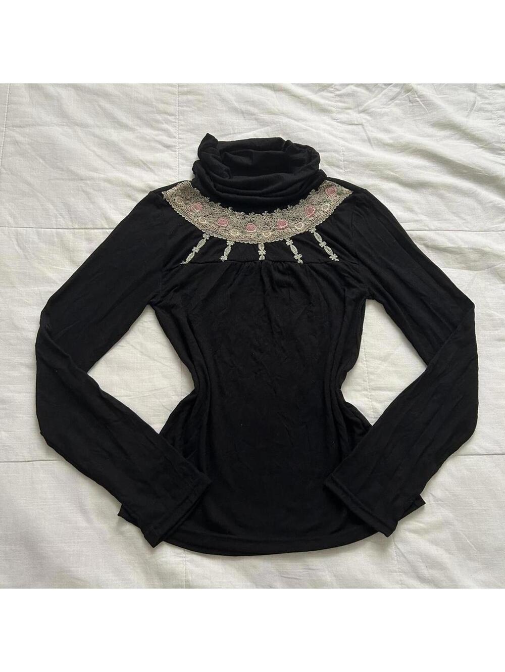 Axes Femme Black Embroidered Bib Turtleneck Top Gothic Lolita Size M Japan